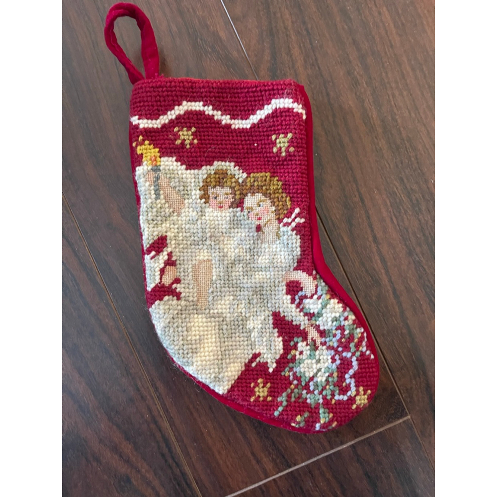 Vintage Needlepoint Angel Christmas Mini Stocking Red Velvet Back 8”